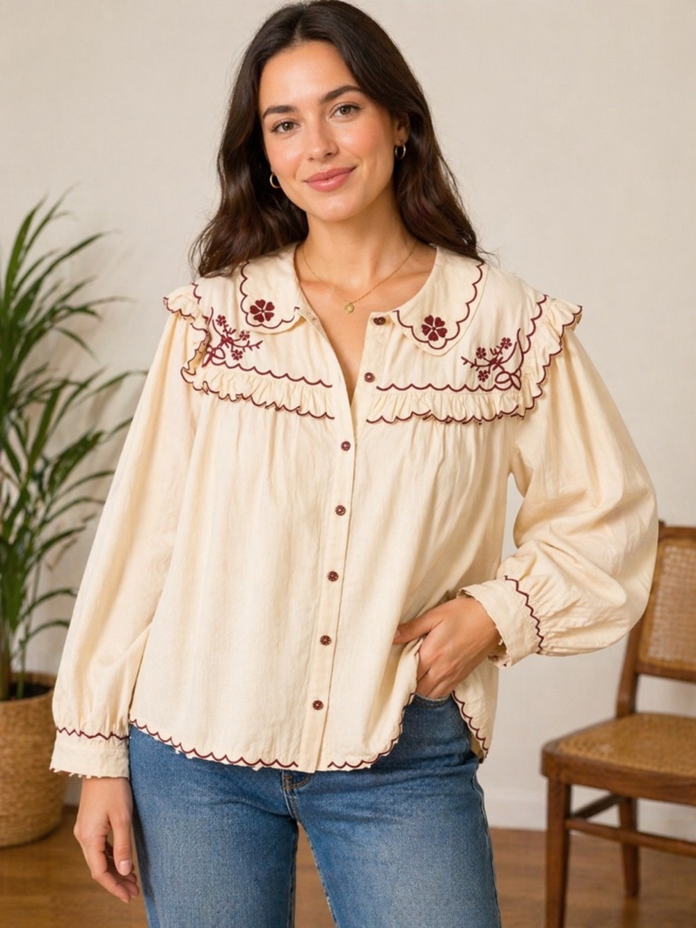 Listicle Cream Button-Front Blouse with Burgundy Embroidery